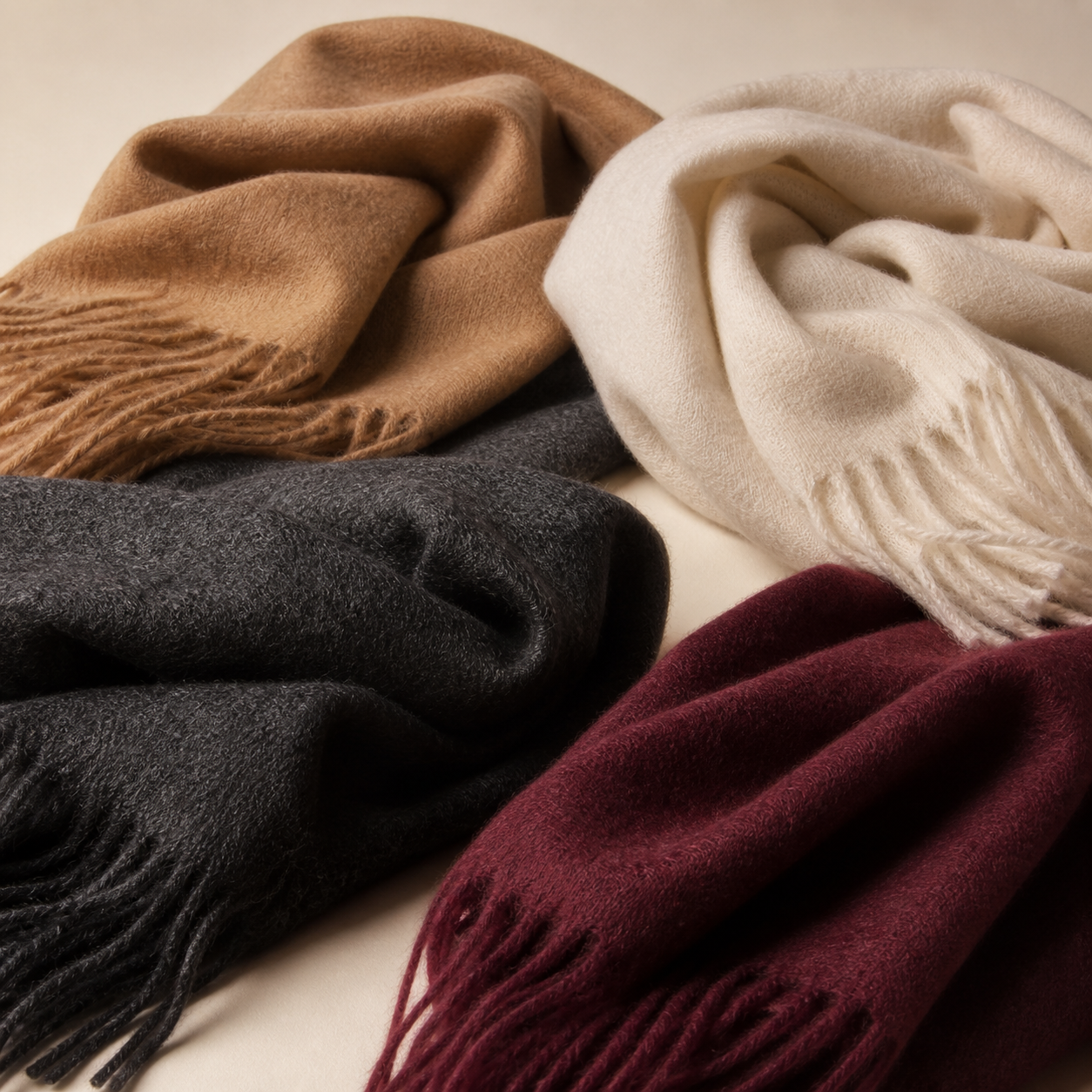 Cashmere scarves in neutral colours